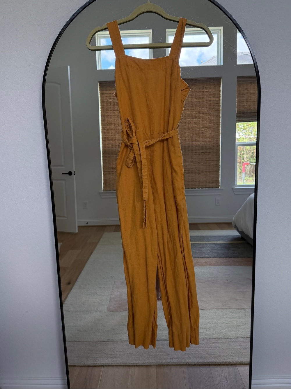 Women’s Linen Mustard Wide-Leg Jumpsuit with Tie Waist